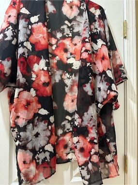 LuLaRoe Black Floral Sheer Kimono with Pink & Coral Blooms